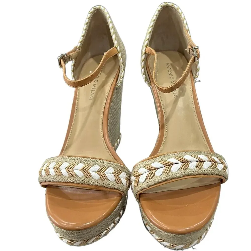 Antonio Melani espadrilles 5” wedges tan‎ white rope ankle strap size 10 - Picture 6 of 10